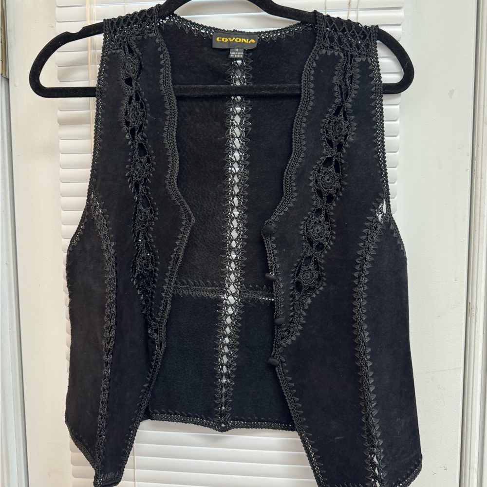 Suede and Crochet Black Vest